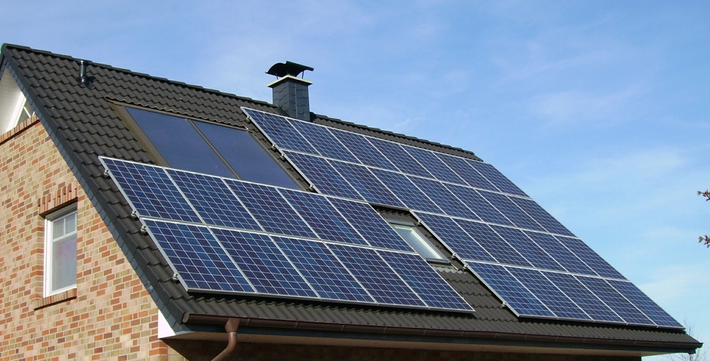 Rooftop solar array on a tile roof